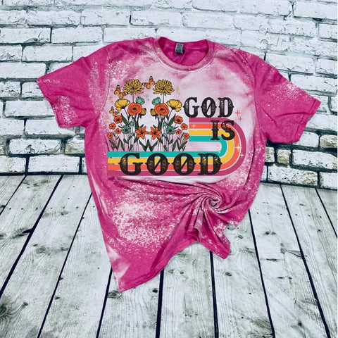 GOD is GOOD (rainbows & flowers) bleached tee