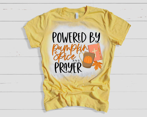Powered by Pumpkin Spice and Prayer Fall bleached tee