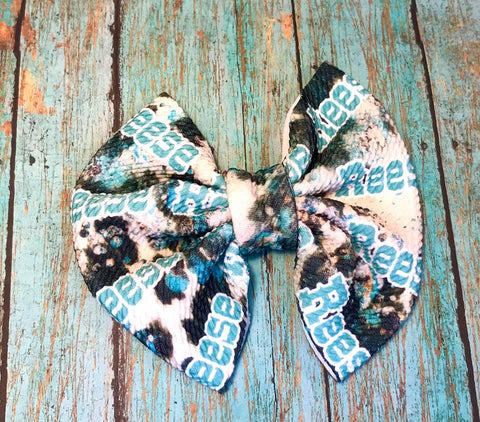 Personalized Cowhide & Teal Name Bow