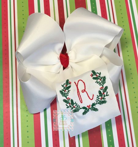 Christmas Wreath Initial Embroidered Bow