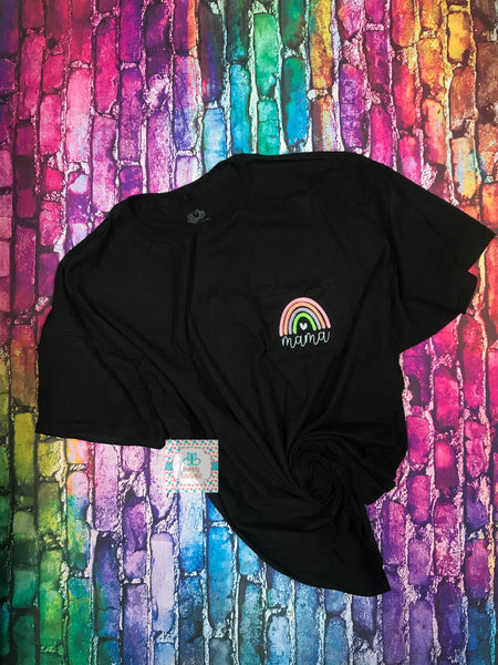 Personalized rainbow mama embroidered pocket tee