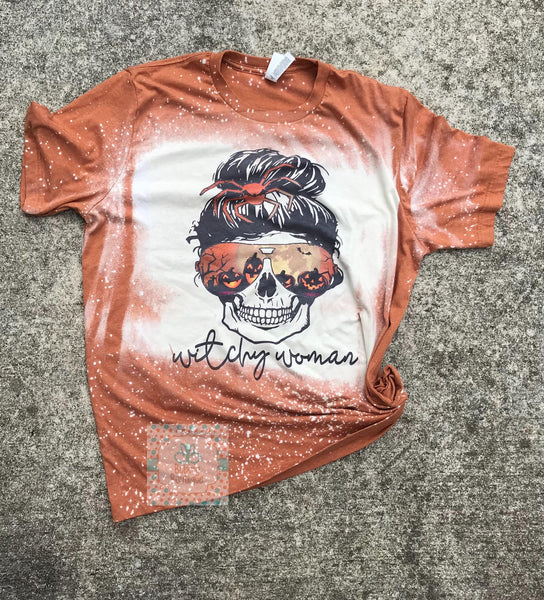 Witchy Woman Skull with bun halloween bleached Tee