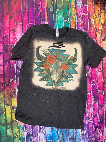 Aztec Bull Skull Distressed Bleached Tee