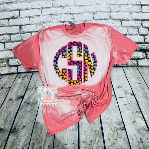 Lisa Frank inspired heart monogram bleached  tee